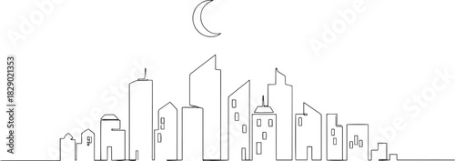 Modern City Skyline and Crescent Moon Continuous Line Art