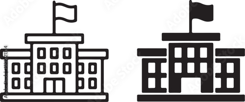 Outline and Solid Icons of a Government Building with Flag on White Background Keywords: building, government, institution, school, university, office, architecture, on transparent background