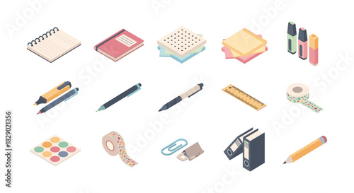 Isometric office supplies set: notebooks, rulers, pens, and more in modern design