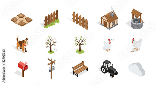Isometric farm elements collection: animals, structures, and nature icons