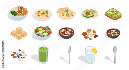 Isometric healthy food and drink set with fresh vegetables, fruits, and nuts