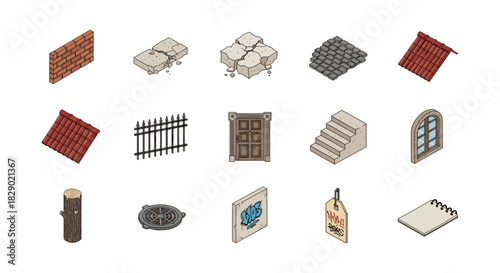 Isometric urban elements collection featuring architecture and construction icons