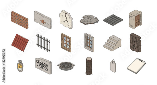 Urban architectural elements collection: isometric design with brick, metal, and wood textures