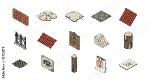 Isometric urban construction elements with bricks, tiles, and metal fences