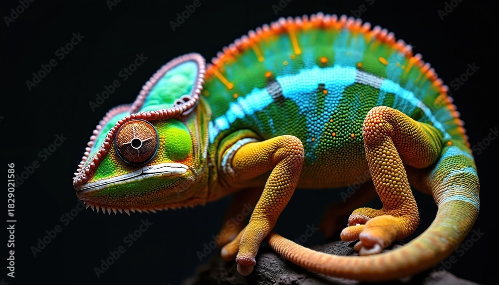 Obraz premium Vibrant green, blue, orange chameleon poses on dark background. Colorful lizard shows detailed skin texture, scales, unique eye. Spiral tail clearly visible. Exotic reptile stands out. Beautiful