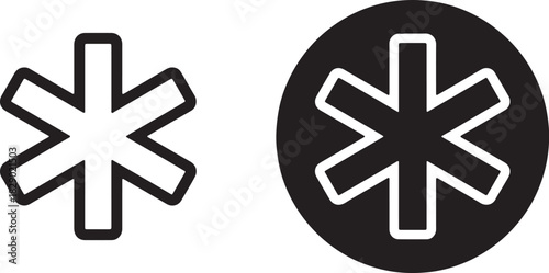 Two star of life medical symbols one outlined and one solid black in a circle on a white background healthcare on transparent background