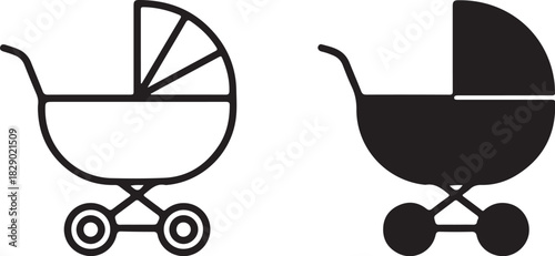 Two Stroller Icons One Outline One Solid Black on White Background baby carriage pram on transparent background