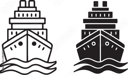 Two Stylized Cruise Ship Icons One Outline One Solid Black On White Background boat ocean liner on transparent background