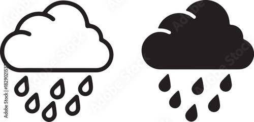 Two weather icons showing rain falling from clouds one outline and one solid black rain cloud icon precipitation on transparent background