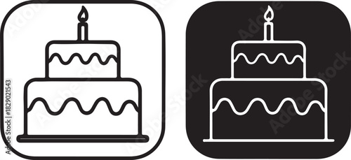 Two-Tier Birthday Cake Icon with Candle in Outline and Solid Fill traced on transparent background