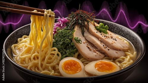 Ramen: Close-up of a vibrant bowl of ramen, with perfectly cooked noodles, tender sliced meat, soft-boiled eggs, and fresh garnishes, a visual feast that's sure to stimulate the appetite.