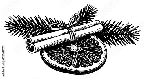Christmas composition with cinnamon sticks dried orange slice and pine branches hand drawn engraving style vector illustration