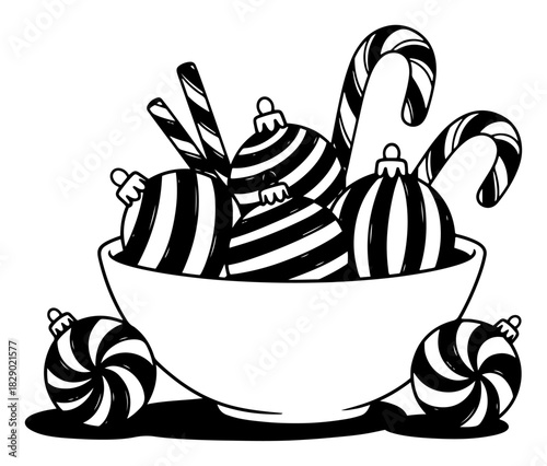 Christmas bowl filled with striped baubles and candy canes hand drawn vector illustration in black and white doodle style