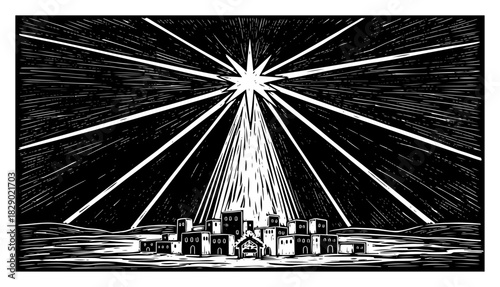 Star of Bethlehem shining over the city night landscape hand drawn vector illustration in woodcut style
