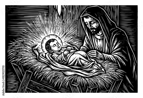 Nativity scene with Baby Jesus in the manger hand drawn vector illustration in black and white woodcut style