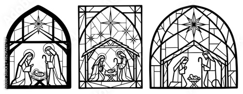 Nativity scene vector set in stained glass style showing Holy Family with baby Jesus in manger using black outlines