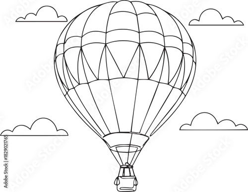 Detailed Hot Air Balloon Outline in the Sky with Clouds