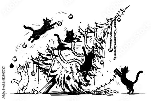 Funny cats destroying Christmas tree vector illustration showing naughty pets climbing and knocking down pine in sketch style