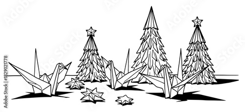 Christmas origami vector landscape with paper cranes and geometric fir trees in Japanese folding style