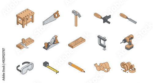 Isometric tools and equipment for woodworking: saw, hammer, drill, and more