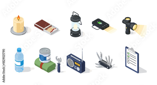 Essential isometric survival tools collection for emergency preparedness and outdoor adventure planning