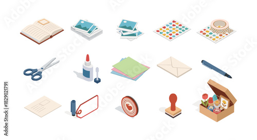 Creative workspace isometric icons: art supplies, stationery, and craft essentials