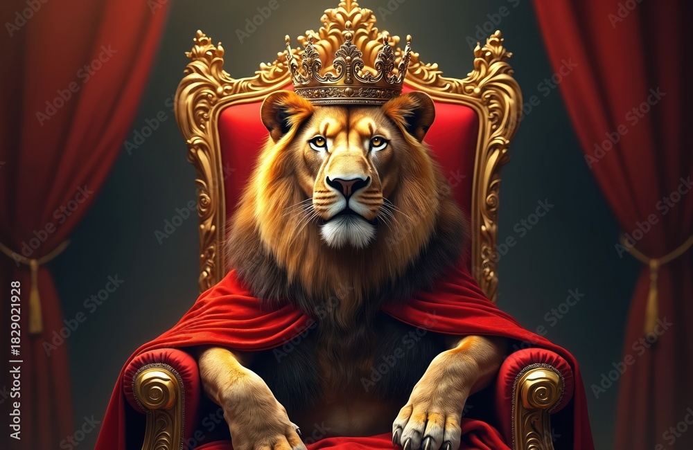 Fototapeta premium Illustration shows lion king wearing golden crown. He wears red cloak, sits on rich throne with royal red curtains. Lion is calm, power and confident ruler. Great illustration for various themes.