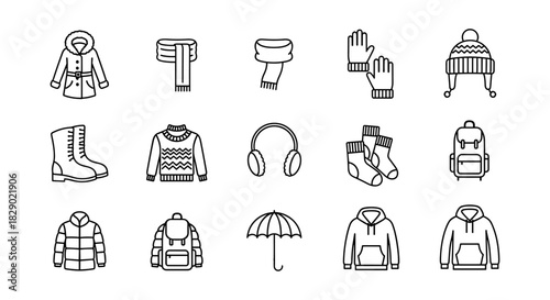 Cozy winter outfits and accessories set in linear style for seasonal designs