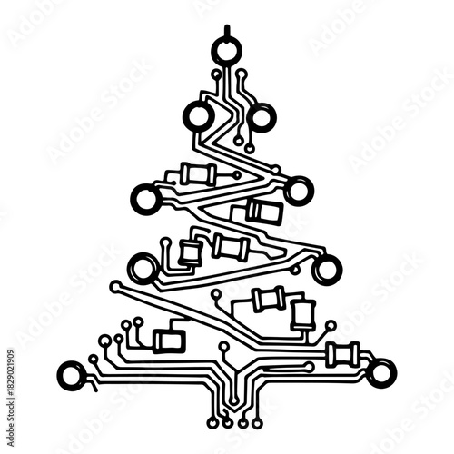 Electronic circuit board Christmas tree hand drawn vector illustration for technology design