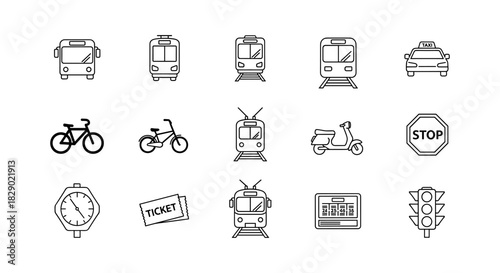 Urban transport icons: bus, tram, taxi, bike, scooter, traffic, stop sign