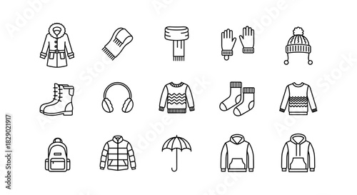 Winter fashion icons collection featuring outerwear, accessories, and apparel in minimalist linear style