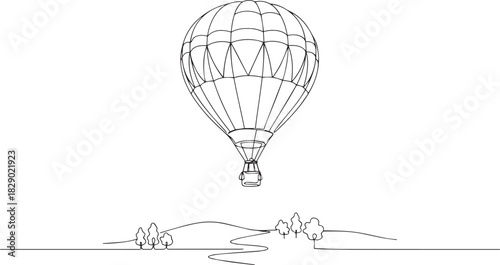 Detailed Continuous Line Art Hot Air Balloon Above Rolling Hills and River - Travel Icon