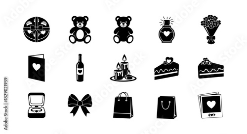 Romantic icons set: flat silhouette designs for valentine's day and celebrations