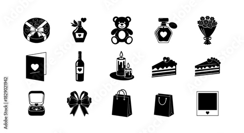 Romantic gift icons: silhouette valentine symbols including teddy, wine, cake, and jewelry