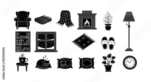 Cozy winter home elements with fireplace, plants, and cat in silhouette style