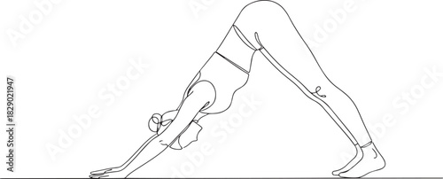 Minimalist Continuous Line Art of Woman in Downward-Facing Dog Yoga Pose (Adho Mukha Svanasana)
