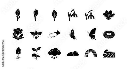 Nature silhouette icons: flowers, insects, and weather symbols for design projects