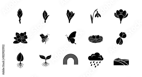 Nature icons set: spring flowers, insects, and weather silhouette
