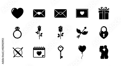Romantic symbols: silhouette icons of love, gifts, and affection
