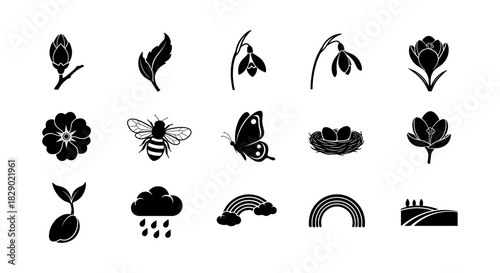 Spring nature silhouettes: flowers, animals, and seasonal icons