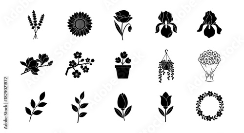 Elegant black silhouette floral icons featuring diverse blossoms and arrangements