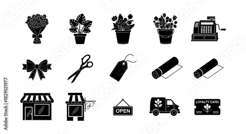 Floral and shop icons set: silhouette style for retail and gardening themes