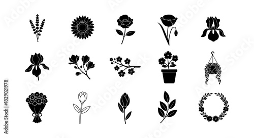 Elegant floral silhouettes: diverse collection of botanical icons for design
