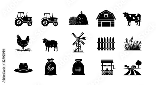 Farm life icons: silhouette set of equipment, animals, and landscape elements