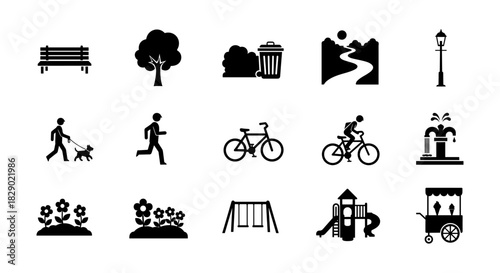 Park elements collection: outdoor activities and amenities in simple silhouettes