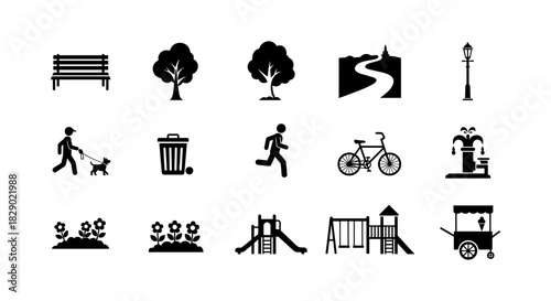 Urban park elements: silhouette icons of nature, recreation, and city life