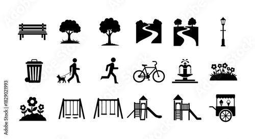 Urban park elements: silhouette icons of nature, recreation, and leisure activities