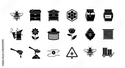 Silhouette beekeeping icons collection with honeycomb and bee elements