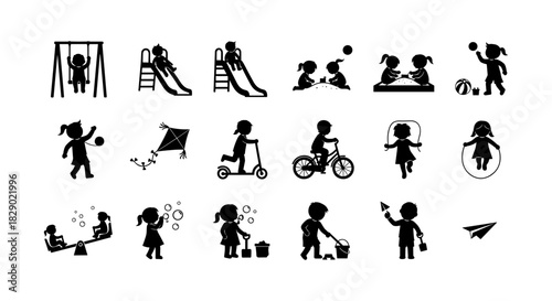 Playful silhouettes of children engaging in outdoor activities and games