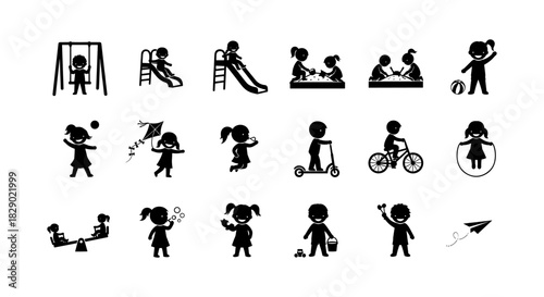 Children playing: silhouette design of kids engaging in outdoor and indoor activities